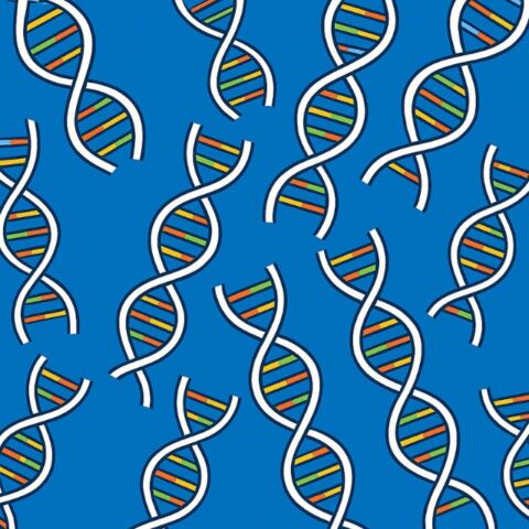 Een afbeelding met meerdere kleine DNA strengen op een blauwe achtergrond